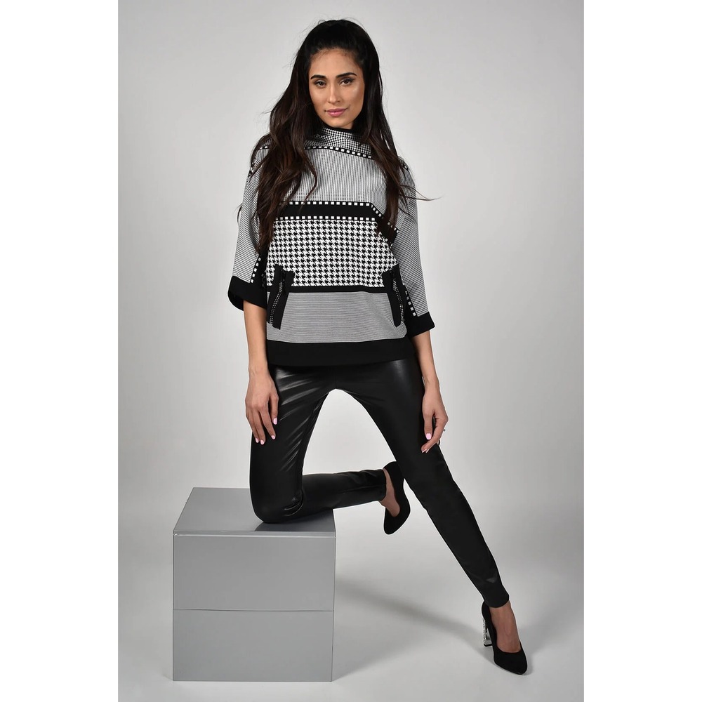 Frank Lyman Top Womens 8 Black White Houndstooth Mixed Pattern Dolman Rhinestone